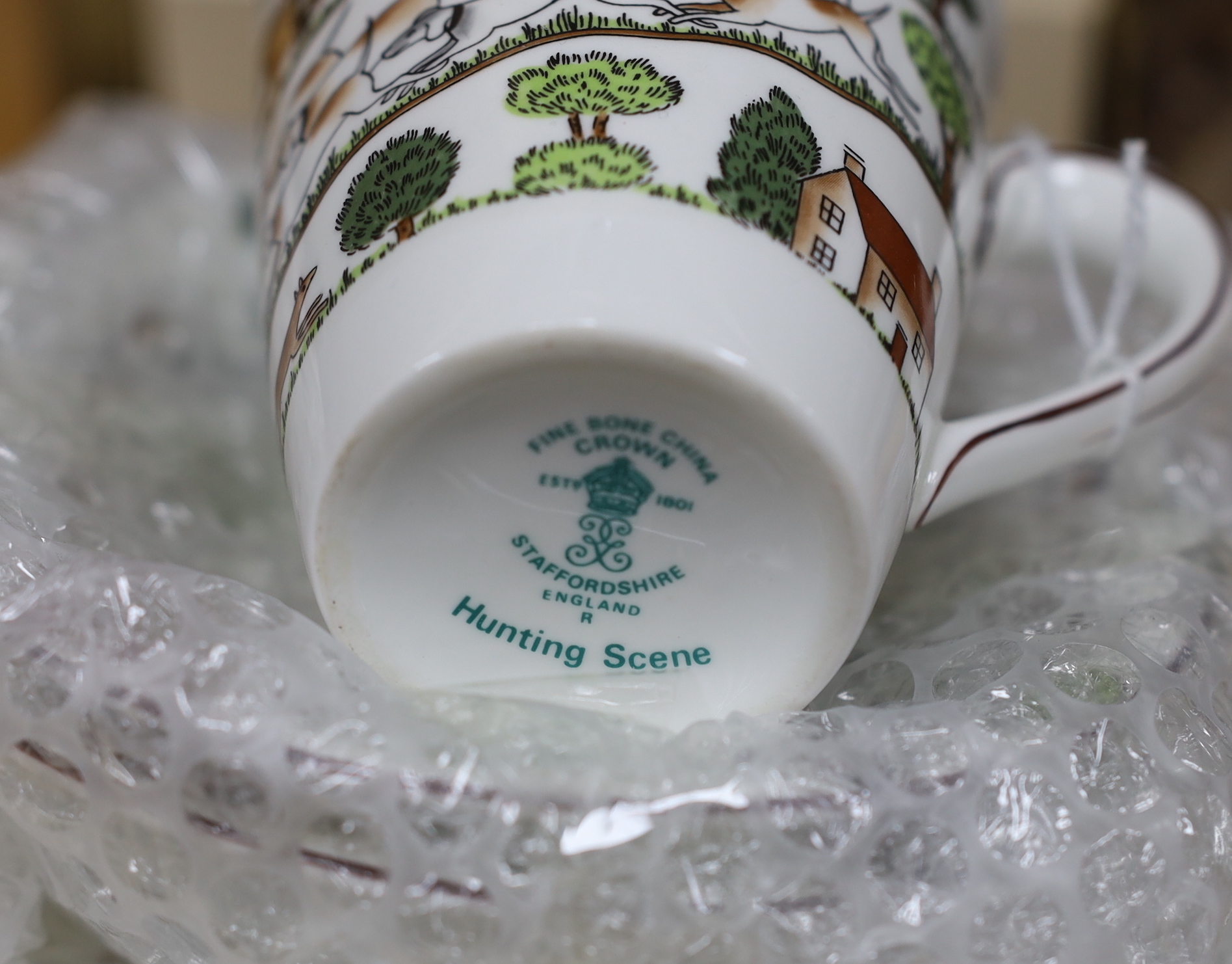 A Crown Staffordshire part teaset, Hunting Scene